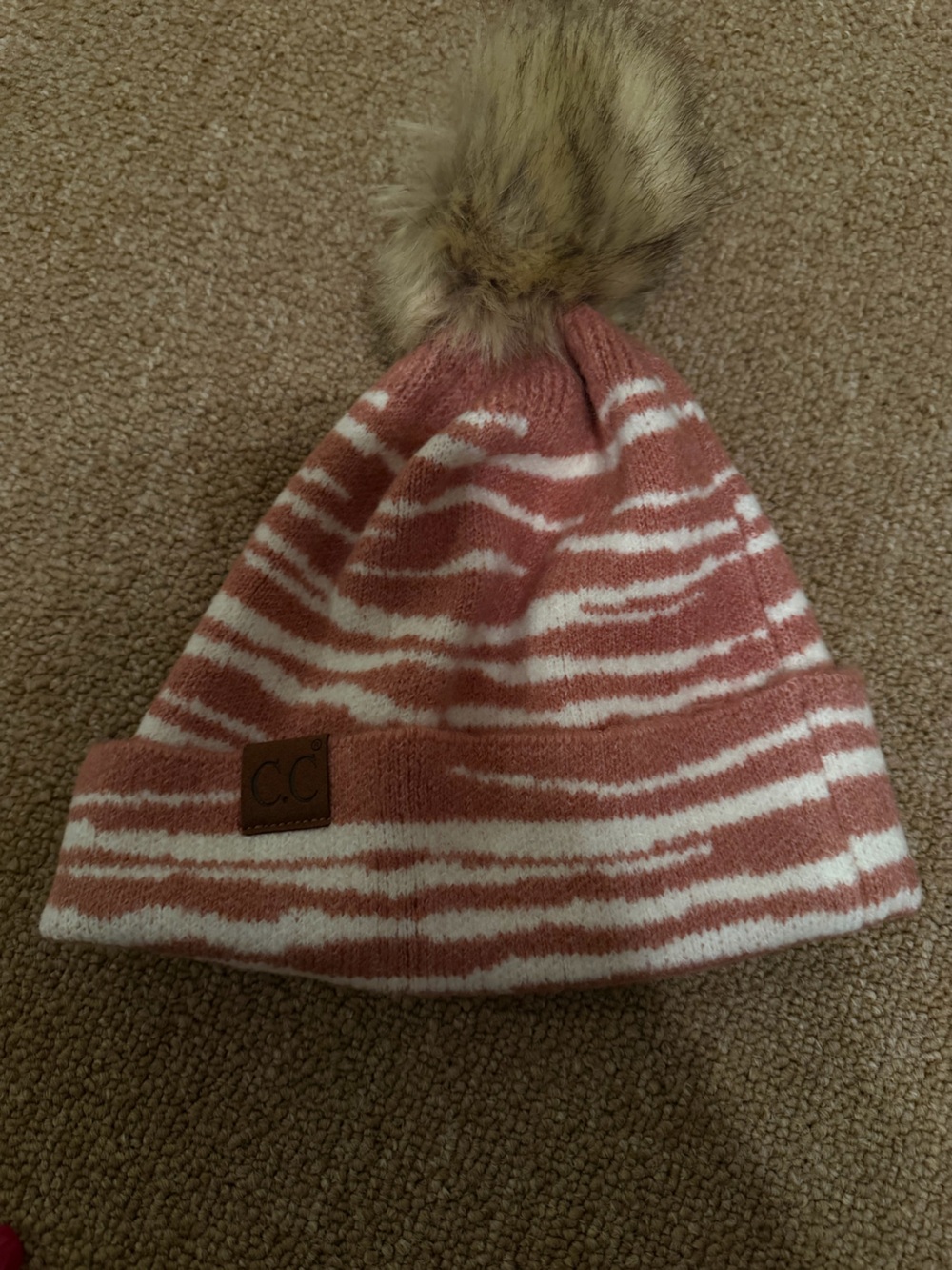 CC Pom Pom Beanie - Pink and White Stripe